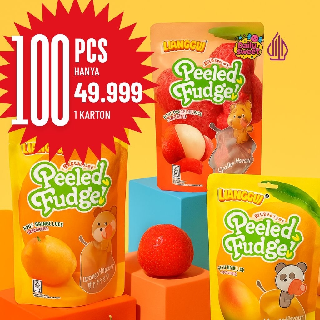 

[LIANGGUI] PEELED FUDGE (1 KARTON ISI 100 PCS), PERMEN LUNAK ANEKA RASA BUAH, MANGGA, JERUK, LECI, STROBERI, CANDY, GUMMY, CHEWY, SNACK, CEMILAN, KENYAL, MANIS, ASEM, MIX FLAVORS Jeli Food Makanan