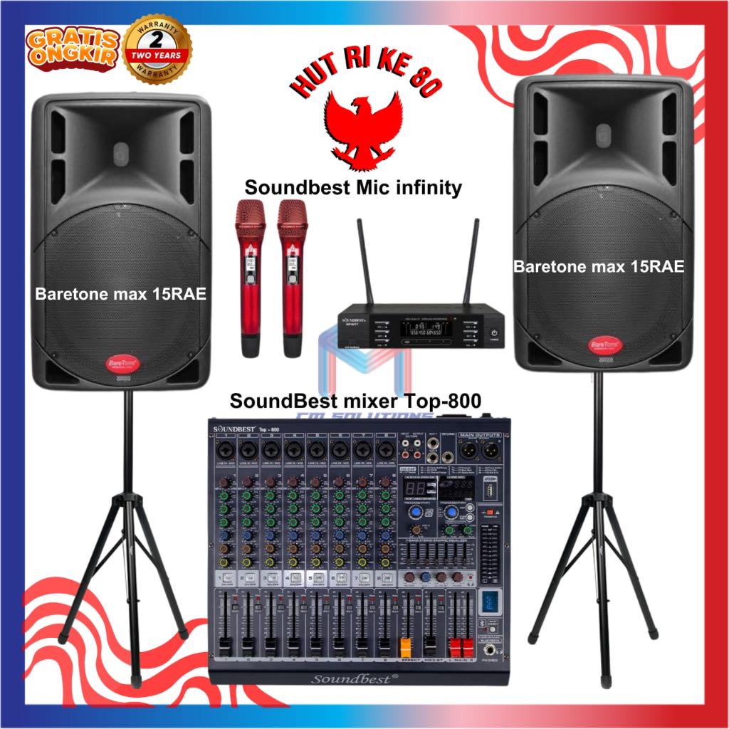 Paket Sound Sistem Karouke Rumah Sound Sistem Speaker Aktif Baretone MAX 15RAE MIXER TOP 800 MIC INF