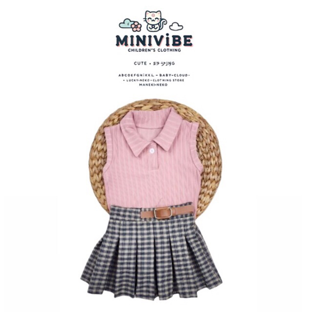 Setelan Anak Perempuan Kekinian - Baju Tanpa Lengan + Rok Plisket Kotak dengan Sabuk | Outfit Anak m