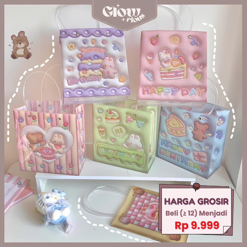 

GR Plastik Bag Tote Bag Tahan Air Tas Kado Hadiah Ulang Tahun Kartun Bear Paper Bag Aesthetic ST02