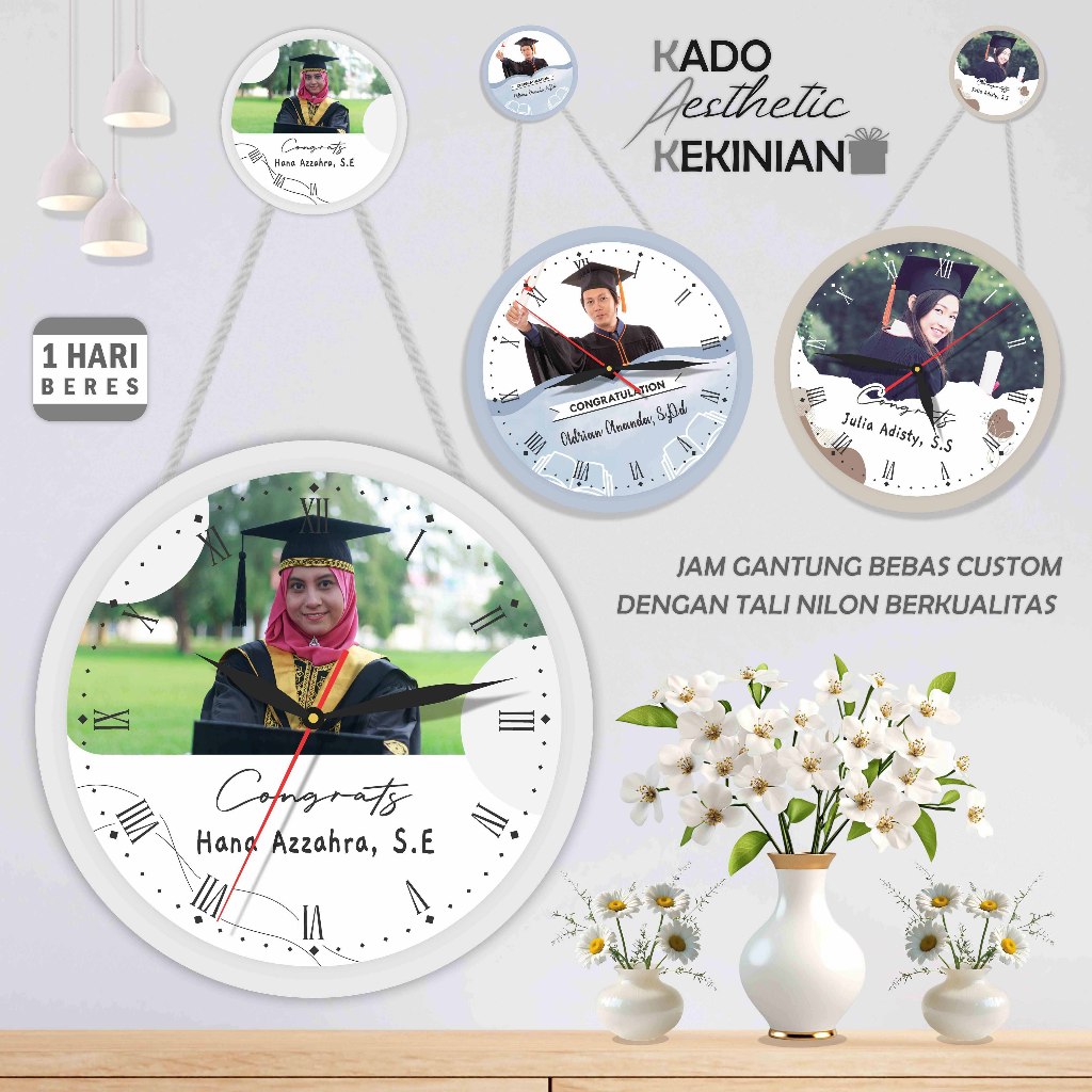 KADO AESTHETIC KEKINIAN - JAM DINDING CUSTOM GANTUNG 20CM - HAMPERS SIDANG SKRIPSI DENGAN NAMA FOTO
