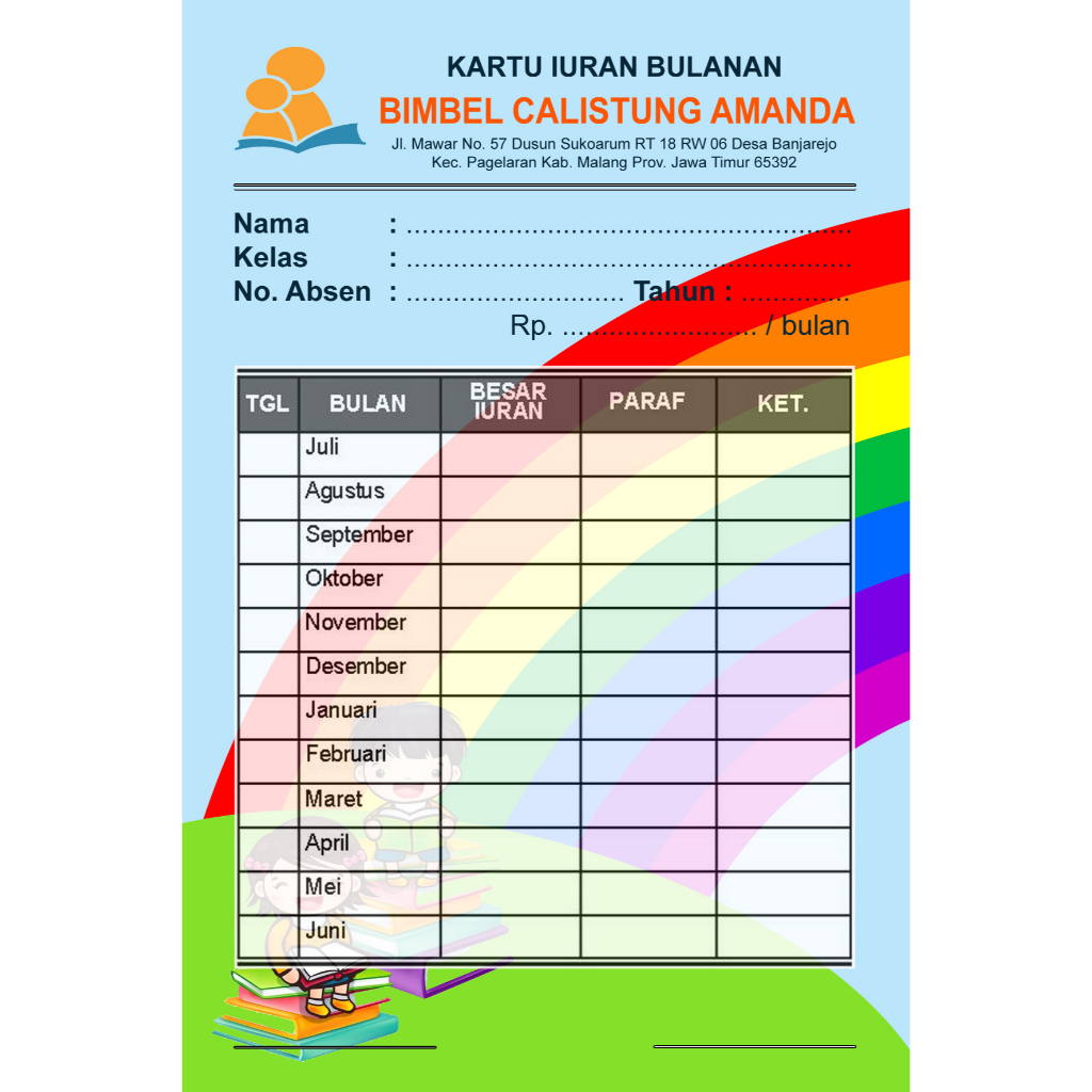 

ES88 PREMIUM KARTU IURAN BIMBEL/IURAN KAS/SPP/IURAN BULAN DLL BAHAN ART PAPER 210GRAM