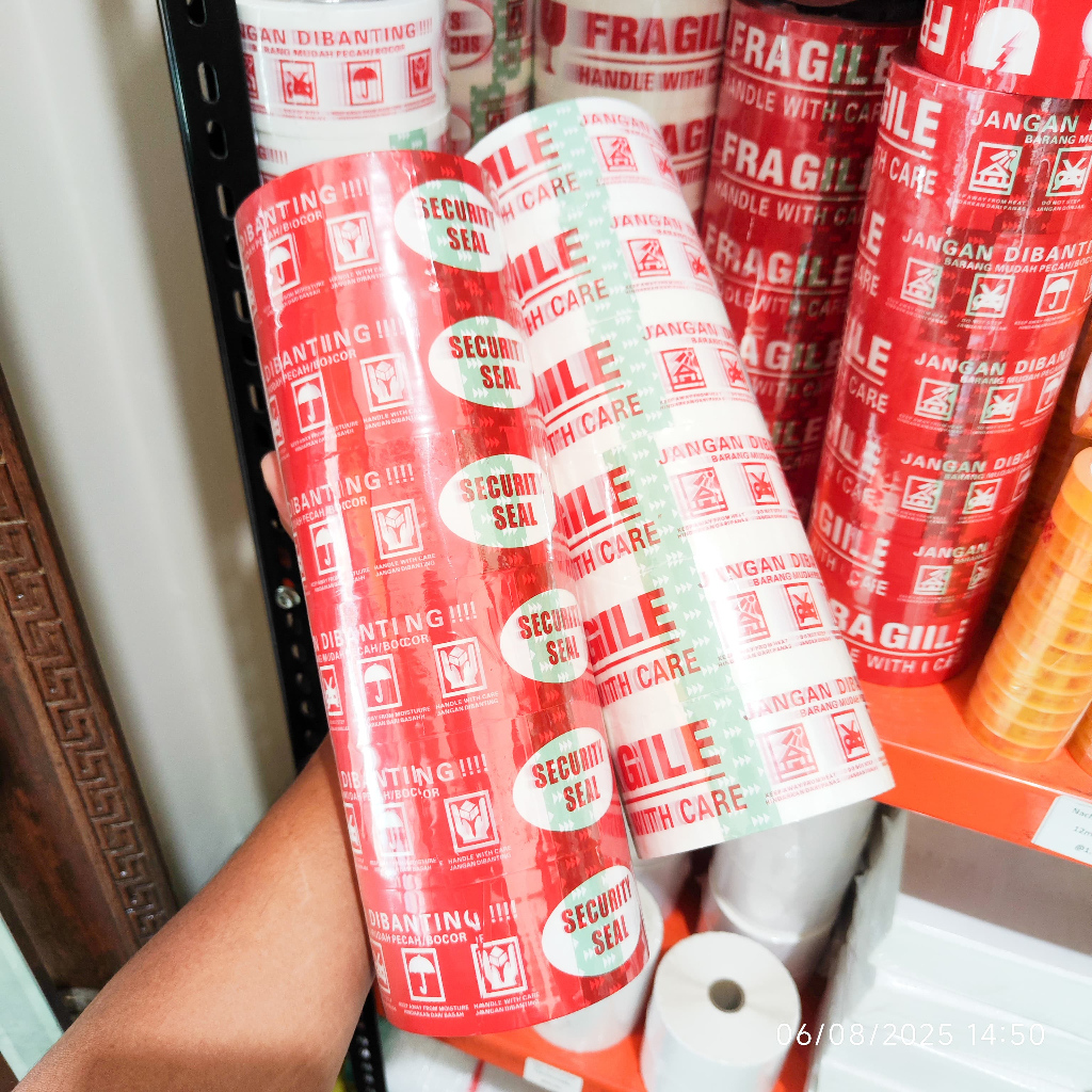 

[6 Pcs] Lakban Fragile Jangan dibanting Merah Putih 100 Yard , Unboxing 100 Yard