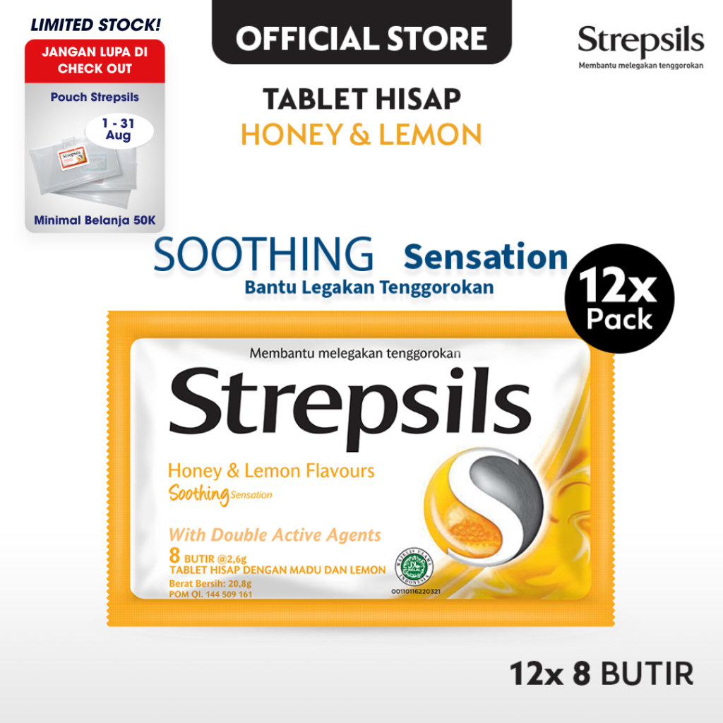 

Strepsils Soothing Honey Lemon 8s x12 - Permen (Tablet Hisap) Pelega Tenggorokan