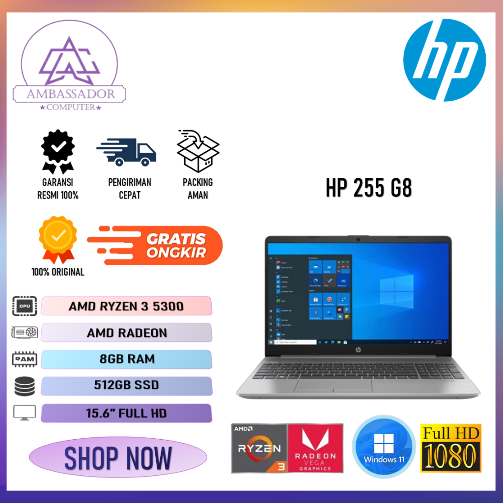 HP 255 G8 Ryzen 3 5300 16GB 512GB Windows 11 15.6 Inch Full HD