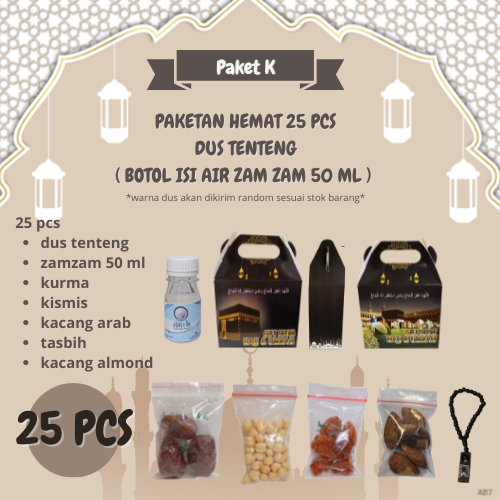 

paketan K tasbih almond dus teng teng untuk oleh oleh haji dan umroh 25 pcs ( botol isi air zam zam 50 ml )
