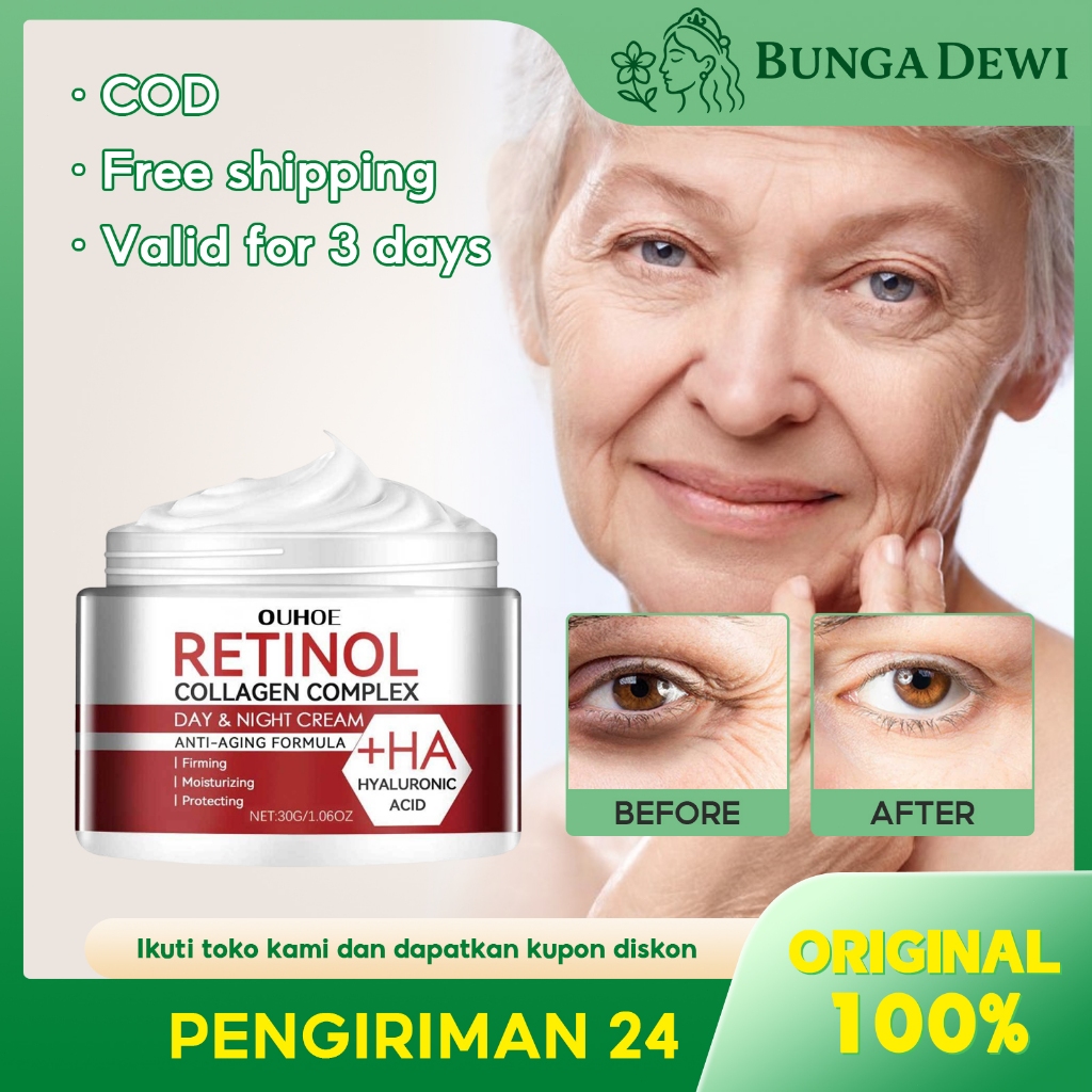 【Beli 2 Gratis 1/COD/ORI】OUHOE Collagen Cream Siang Malam Retinol Cream 30g Pelembab Anti Kerut Meng