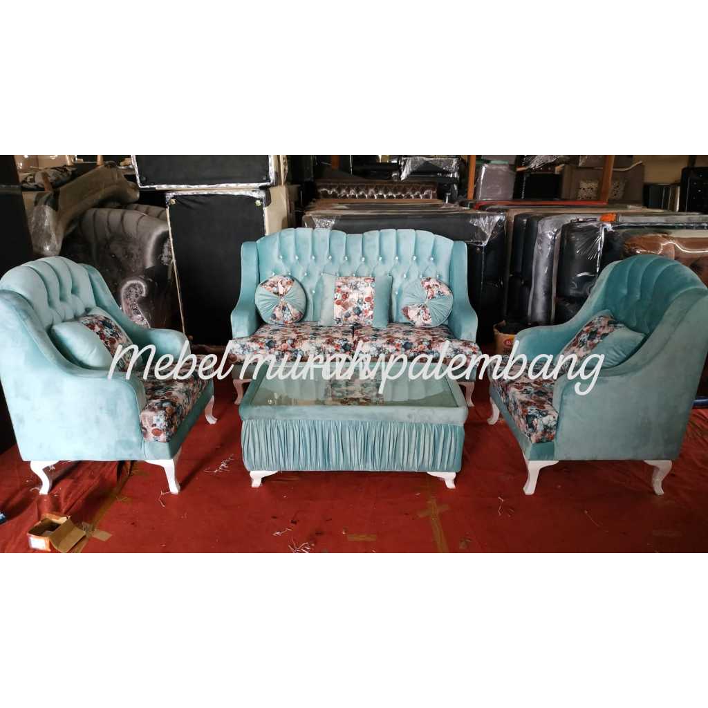 Sofa Tamu Moderen + Meja + Bantal Kursi | Kursi Tamu Flowers Toska Minimalis | Sofa Murah Palembang