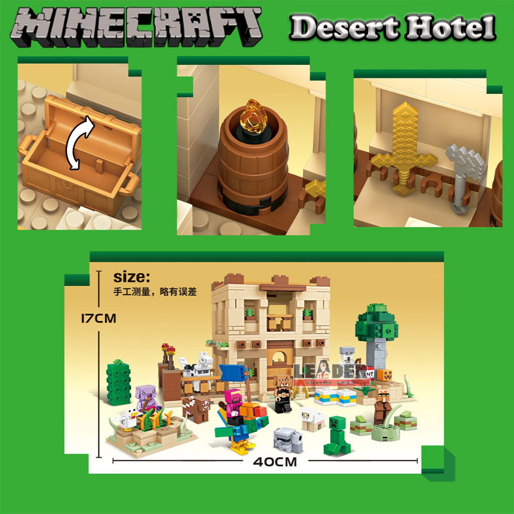 BRICK MINECRAFT MY WORLD DESERT HOTEL MAINAN SUSUN BALOK 785 Pcs 9 FIGUR CREEPER SKELETON VILLAGERS
