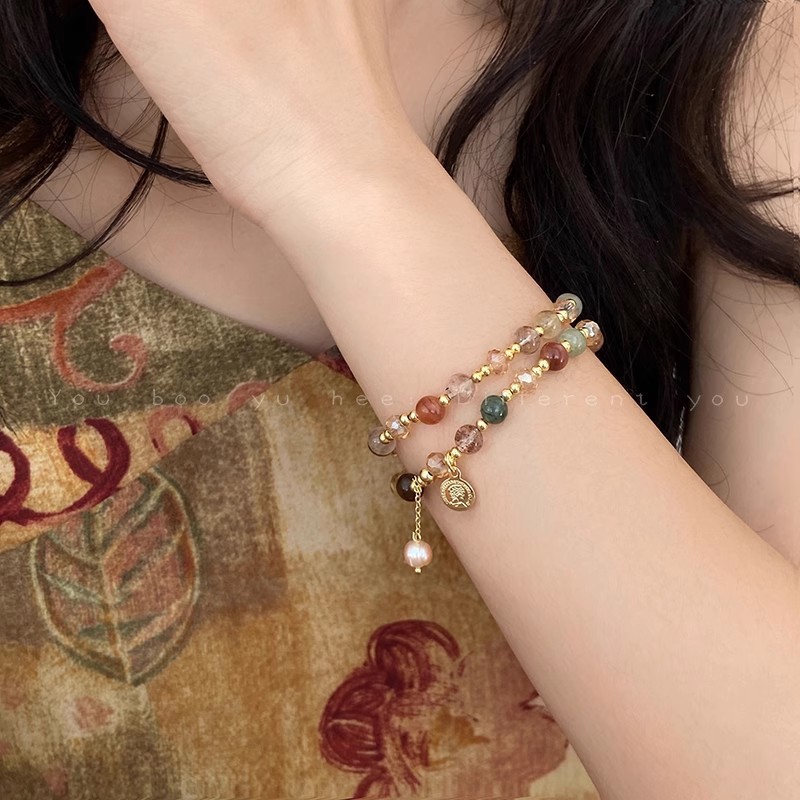 Gelang Wanita Zenara Layer Etnik Manik Batu Warna Earthy Alloy Gold Aksen Koin Bohemian Style Aylee
