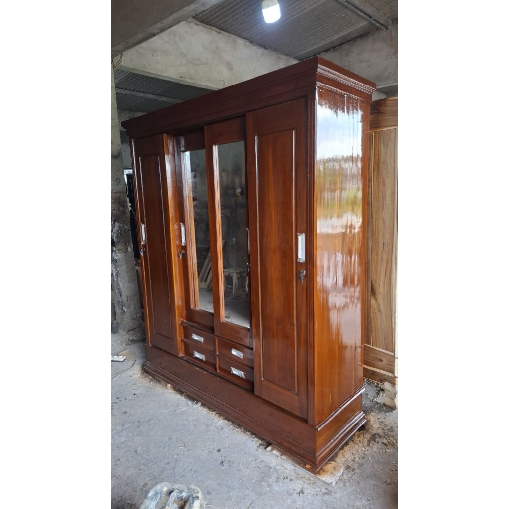 lemari pakaian 4 pintu sliding minimalis full kayu asli jati