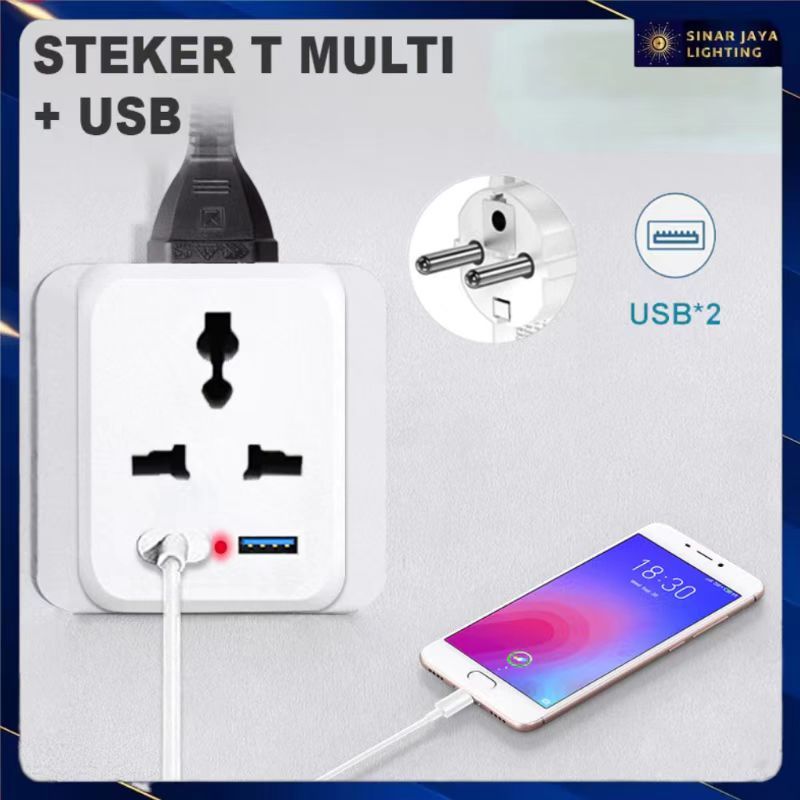 Steker T Multi Serbaguna 2 Lubang + 2 Port USB / Steker Usb