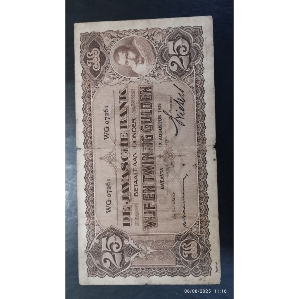 UANG KUNO DE JAVASCHE BANK 25 GULDEN SERI COEN TAHUN 1929