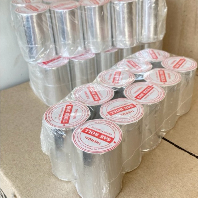 

KERTAS KASIR STUK THERMAL 1 PLY 58x40 mm paket (10 roll) Printer Bluetooth dan edc. HASIL PRINT PASTI JELAS