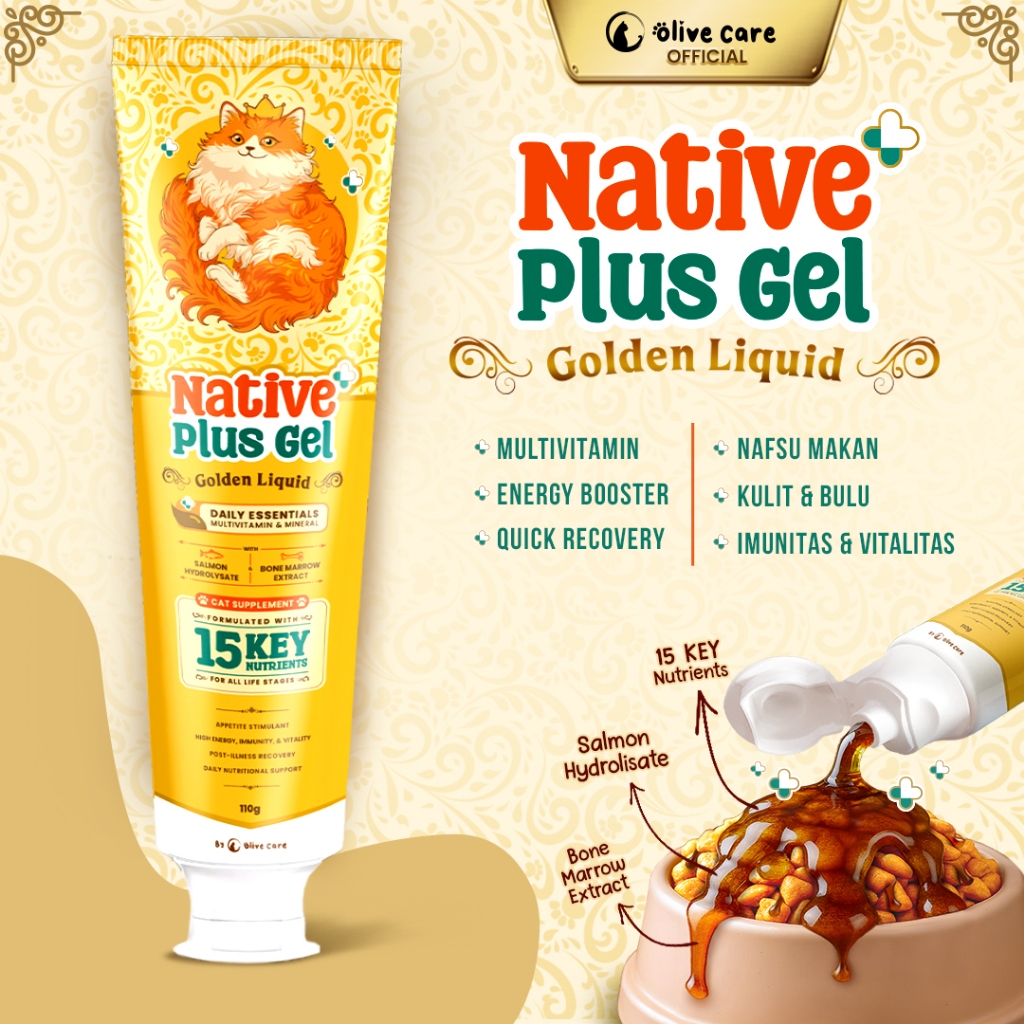 Olive Care Vitamin Kucing NATIVE+ PLUS GEL GOLDEN LIQUID 110g Suplemen Topping Multivitamin Makanan 