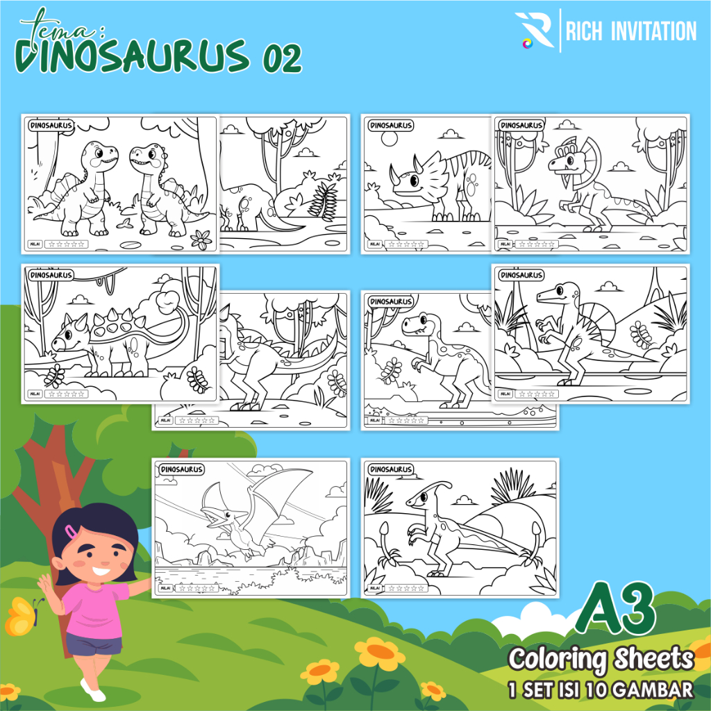 

(A3) KERTAS MEWARNAI ANAK - KERTAS COLORING ANAK PAUD TK - TEMA DINOSAURUS