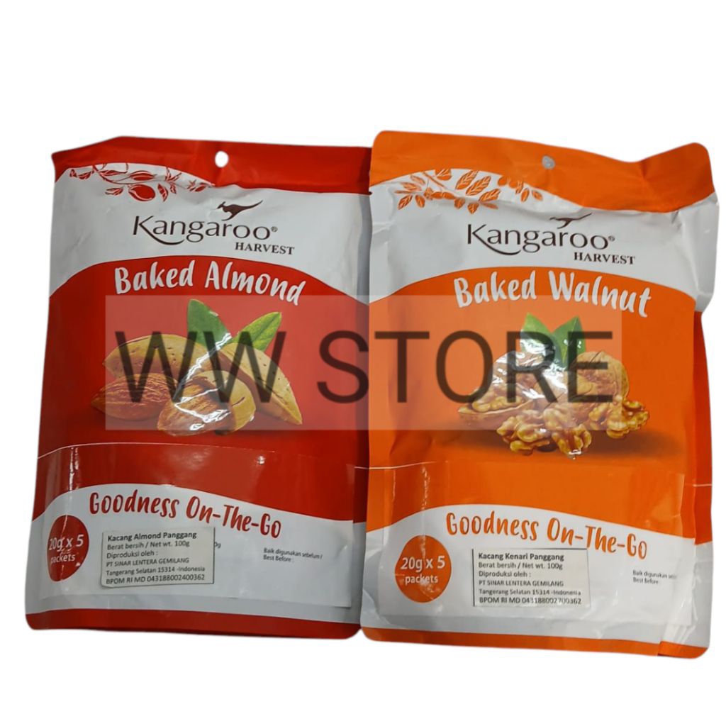 

Cemilan snek makanan ringan kacang kenari almond badam panggang halal MUI Kangaroo HARVEST Baked Almonds Walnut Walnuts kemasan Goodness On - The - Go 100g ( 5x20g )