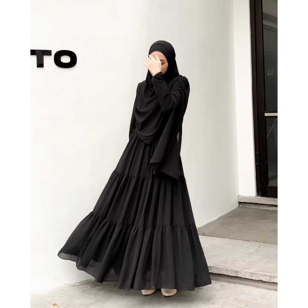 Abaya Hitam Layer NISA - Abaya Dubai Mesir Elegan Simple Kekinian - ABAYA NISA - Gamis Muslimah Anak