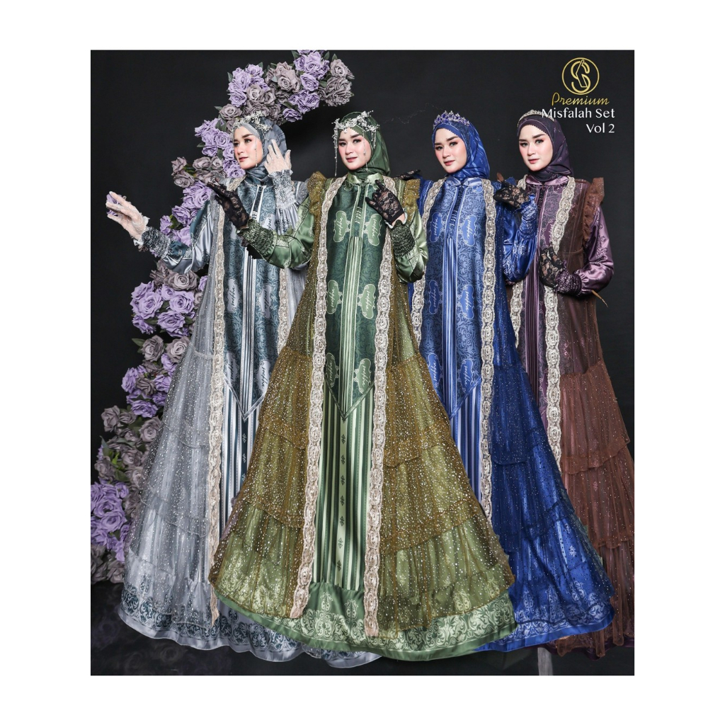 Misfalah Vol 1 Set Premium Gamis Pesta Mewah Bahan Silk Printing Hijab Scraf Voal by Soekha Premium.