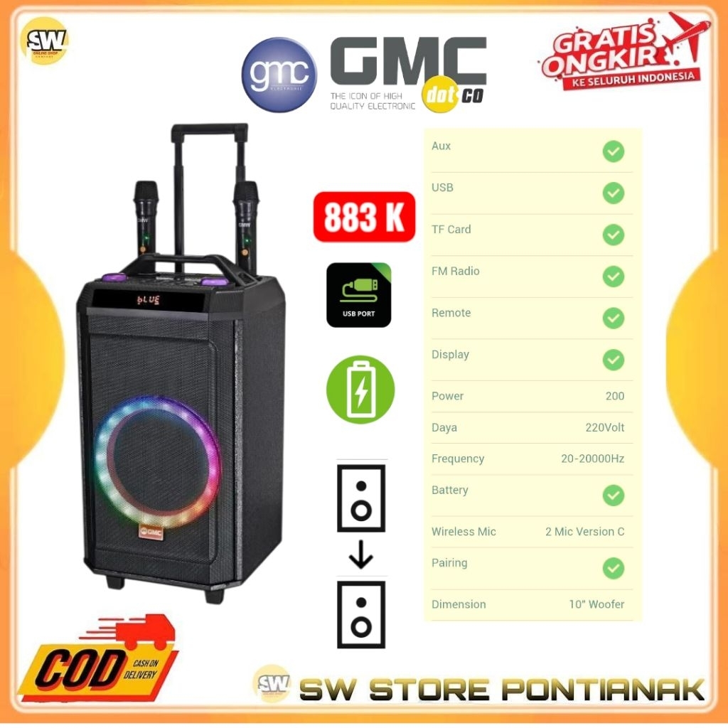 NEW GMC 883K + 2 MIC WIRELESS SPEAKER PORTABLE GMC 883K BONUS 2 MICROPHONE / SPEAKER BLUETOOTH MIC W