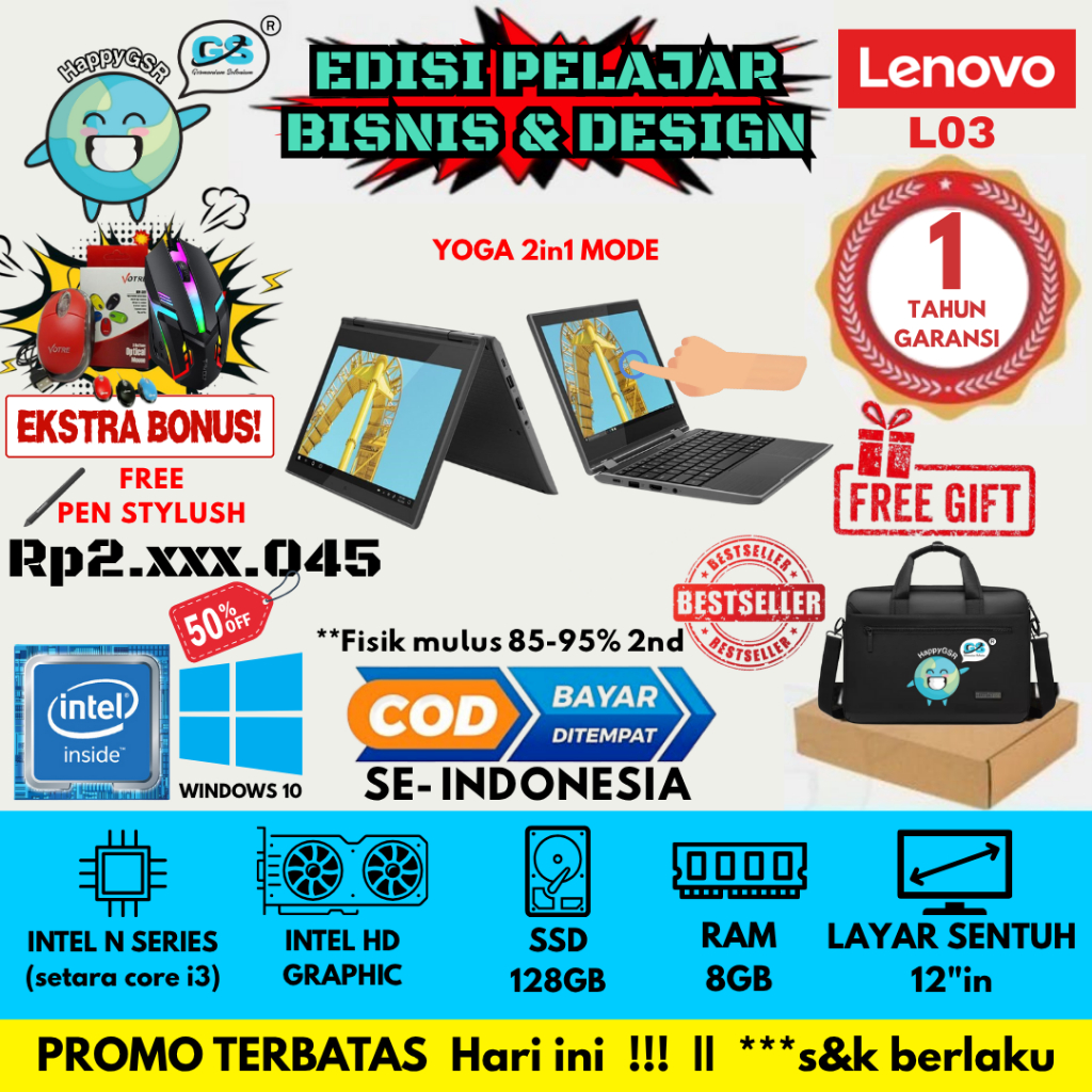 Laptop 2in1 Lenovo L03 Yoga Touchscreen RAM 8GB | WINDOWS10 | Laptop Tipis Murah Siap Pakai | Lenovo