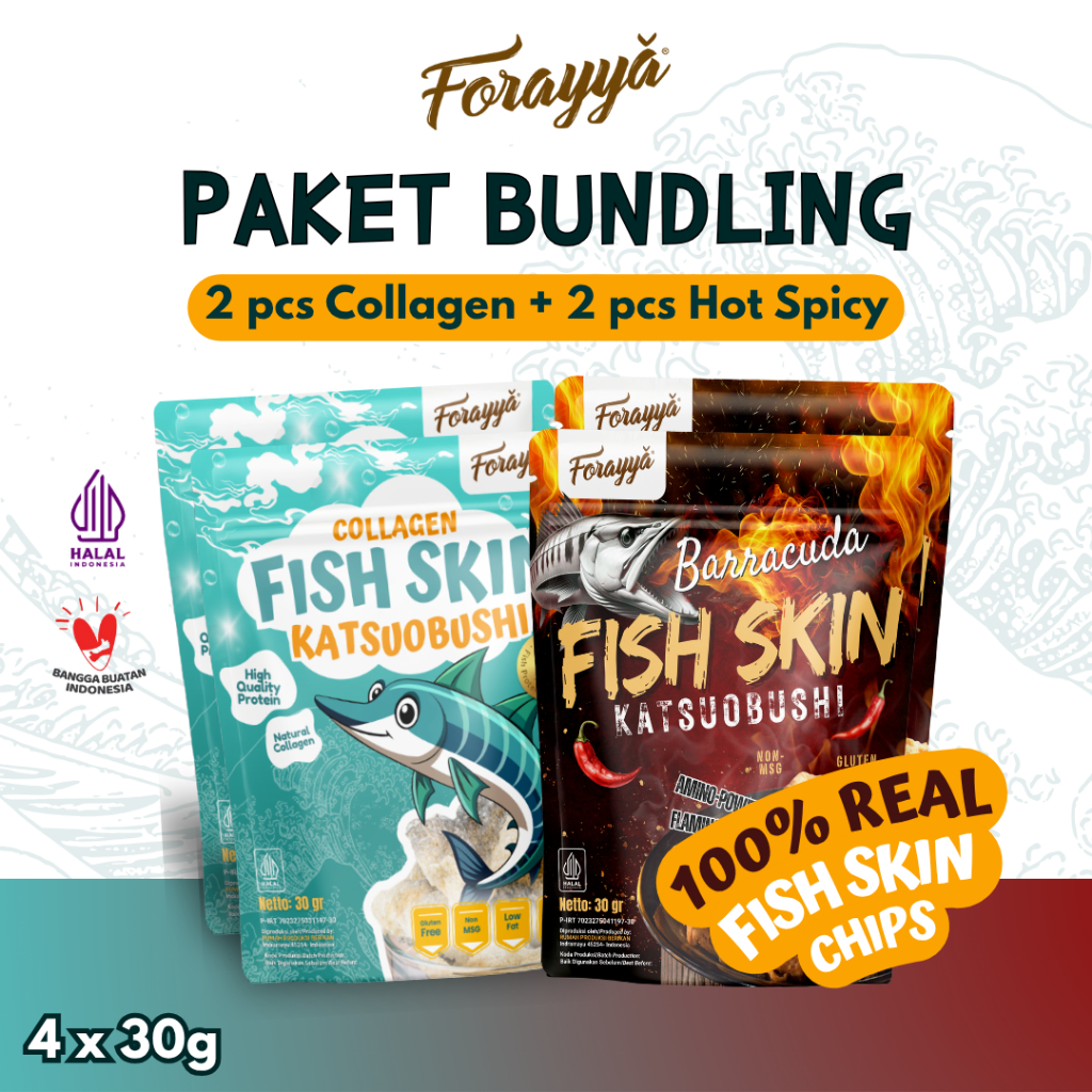 

Paket Mix Fish Skin Chips Katsuobushi Collagen (2) Spicy (2) 30gr - Healthy Snack Keripik Kulit Ikan Cemilan Gurih Tinggi Protein Tanpa MSG