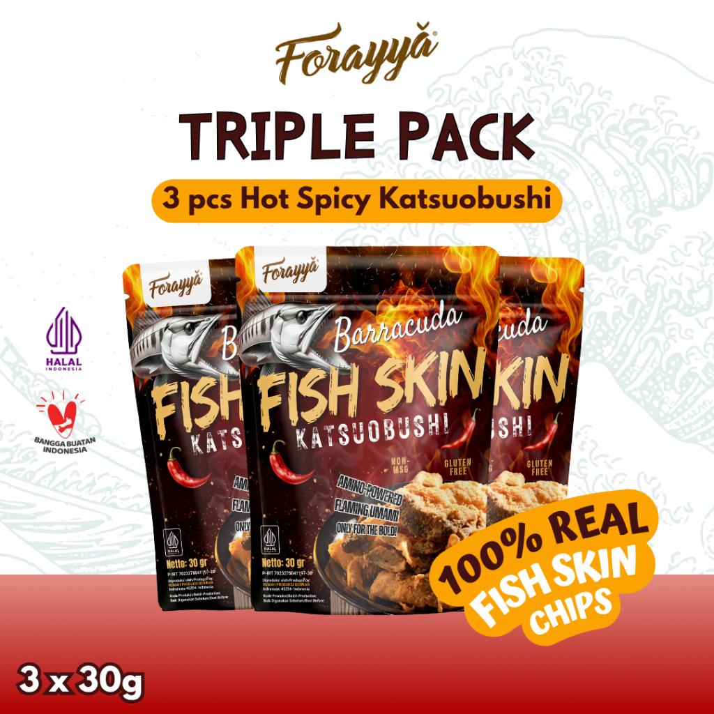 

3 pcs - Fish Skin Chips Spicy Katsuobushi 30gr - Keripik Kulit Ikan Pedas Cemilan Sehat Crispy Tinggi Protein Tanpa MSG Halal