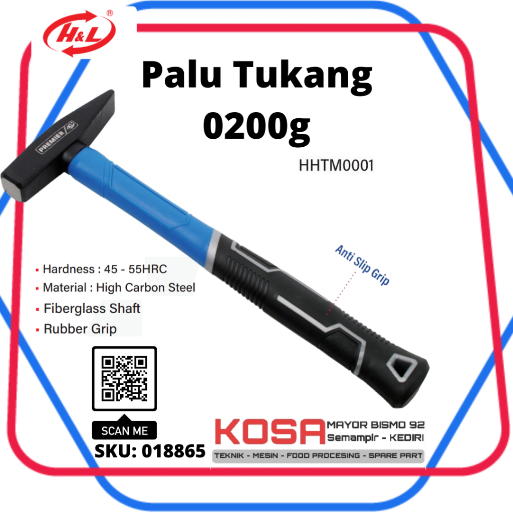 HL Palu tukang Kaca / Machinist Hammer HL Premier tekiro gagang karet 200 300 gram