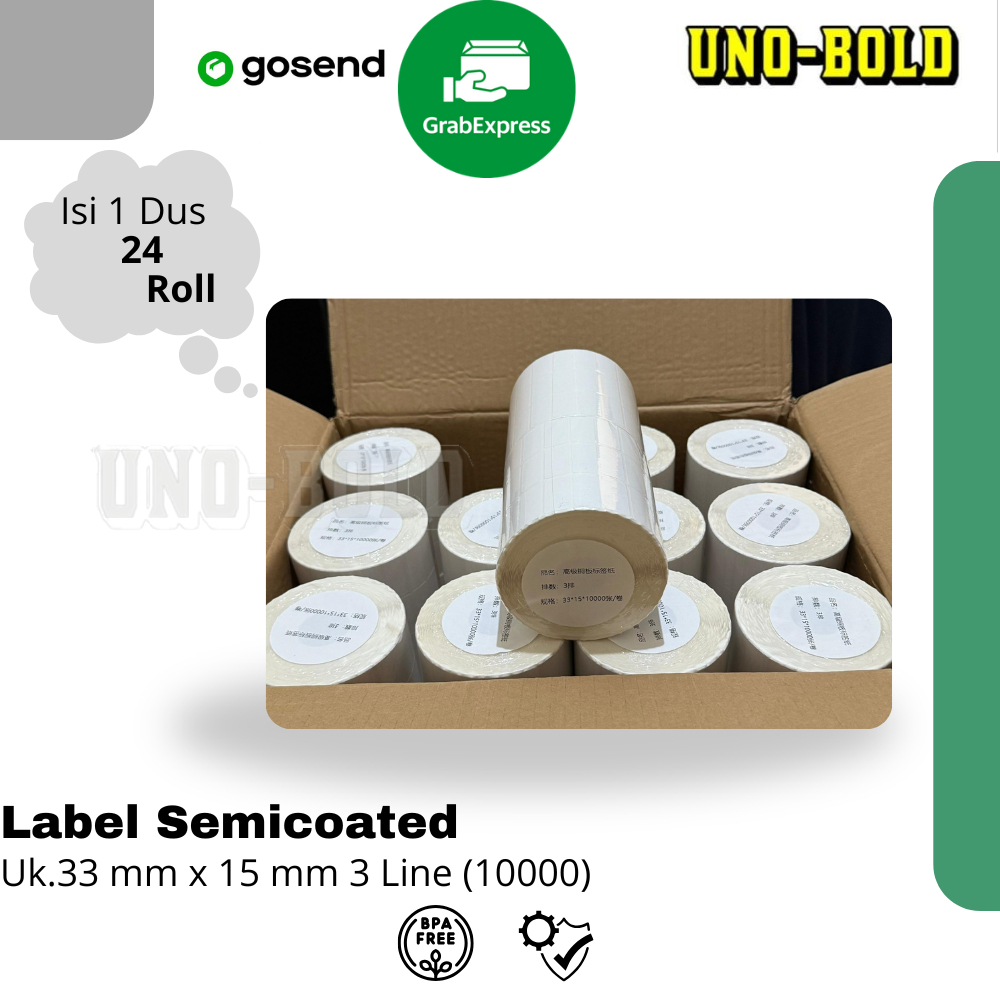 

LABEL SEMICOATED(BUKAN THERMAL) 33 x 15 mm 3 Line, (1 Dus isi 24 Roll ) Stiker Printer Barcode, Core 1 Inch isi 10000 Pcs
