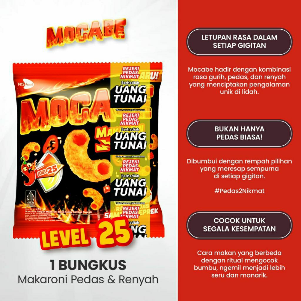 

Mocabe Makaroni sambal geprek -level 25 - 1 renceng @10 pcs
