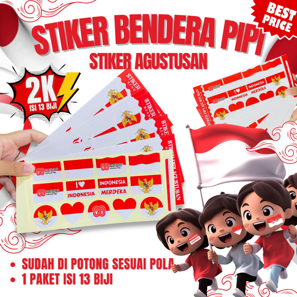 

Stiker Pipi Bendera Merah Putih| 13 biji | Sudah di cutting sesuai pola | Aksesoris 17 Agustus | HUT 80