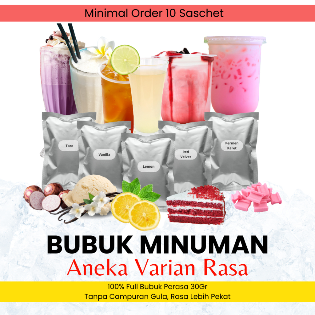 

Bubuk Minuman Premium 30gr – Aneka Rasa Premium Tanpa Gula (Min. 10 Sachet) Taro, Red Velvet, Lemon, Vanilla, Permen Karet