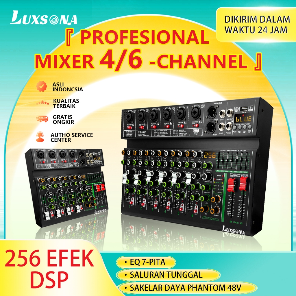 Mixer Audio Profesional 4/6 Kanal, 256 DSP, Power Amplifier Terjangkau, Mixer Kelas Atas untuk Perek