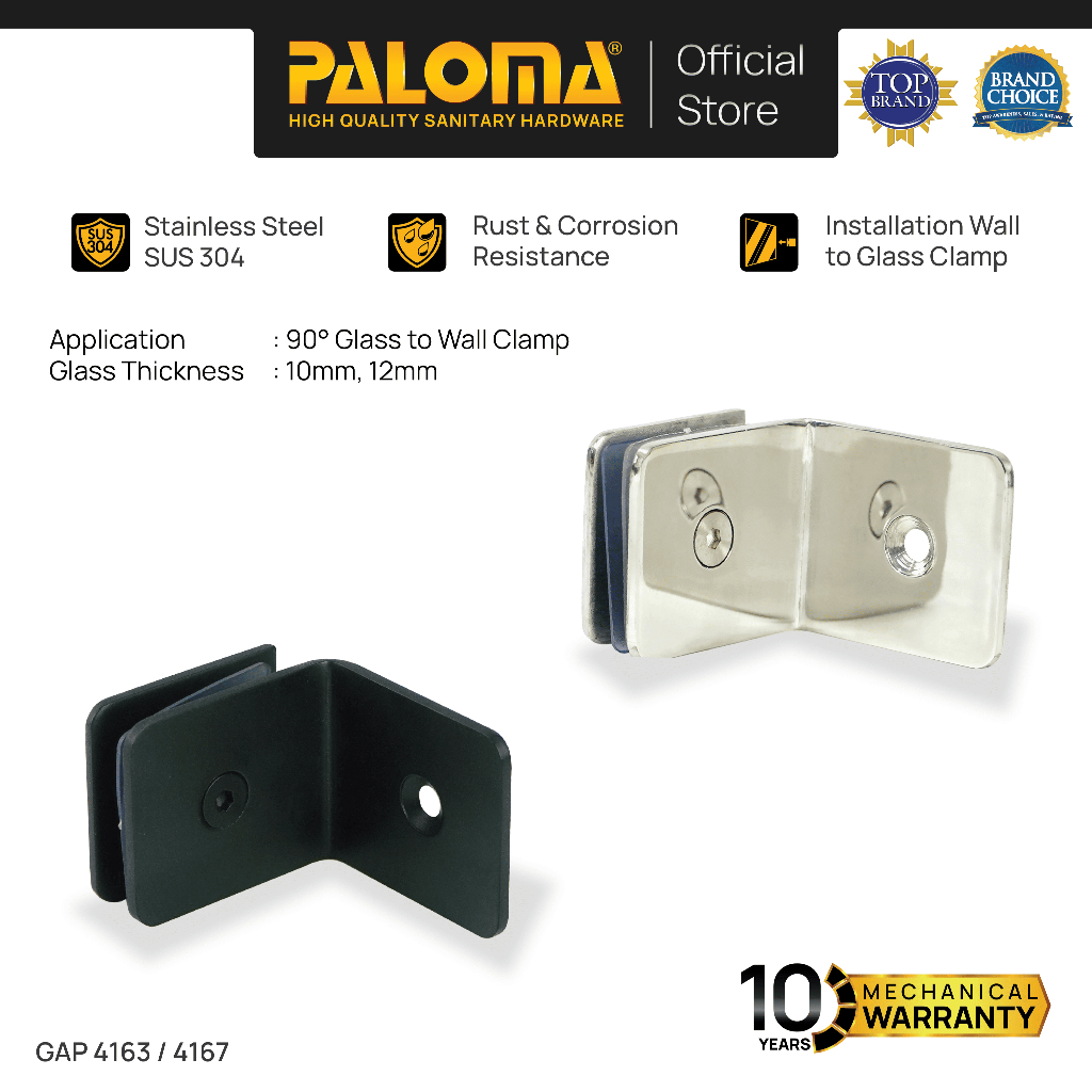 PALOMA Glass Clip Klem Penjepit Pintu Kaca Kamar Mandi Jepit Partisi Box Kaca ke Dinding Tembok Glas