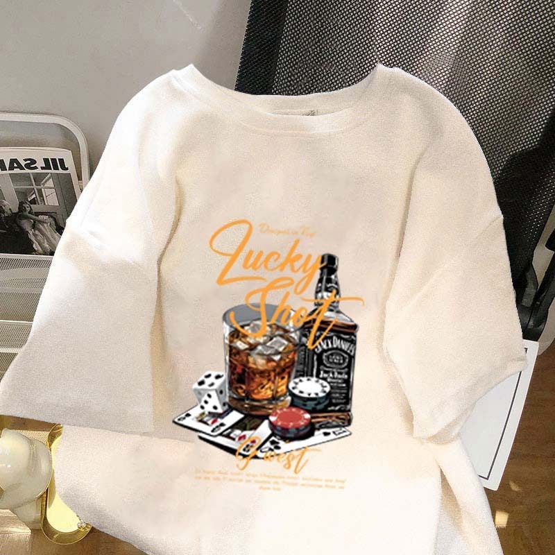 Kaos Oversize Couple Lengan Pendek Hitam | Cetak Gelas Whiskey Kartu Remi Lucky Shot Gaya Retro Jala