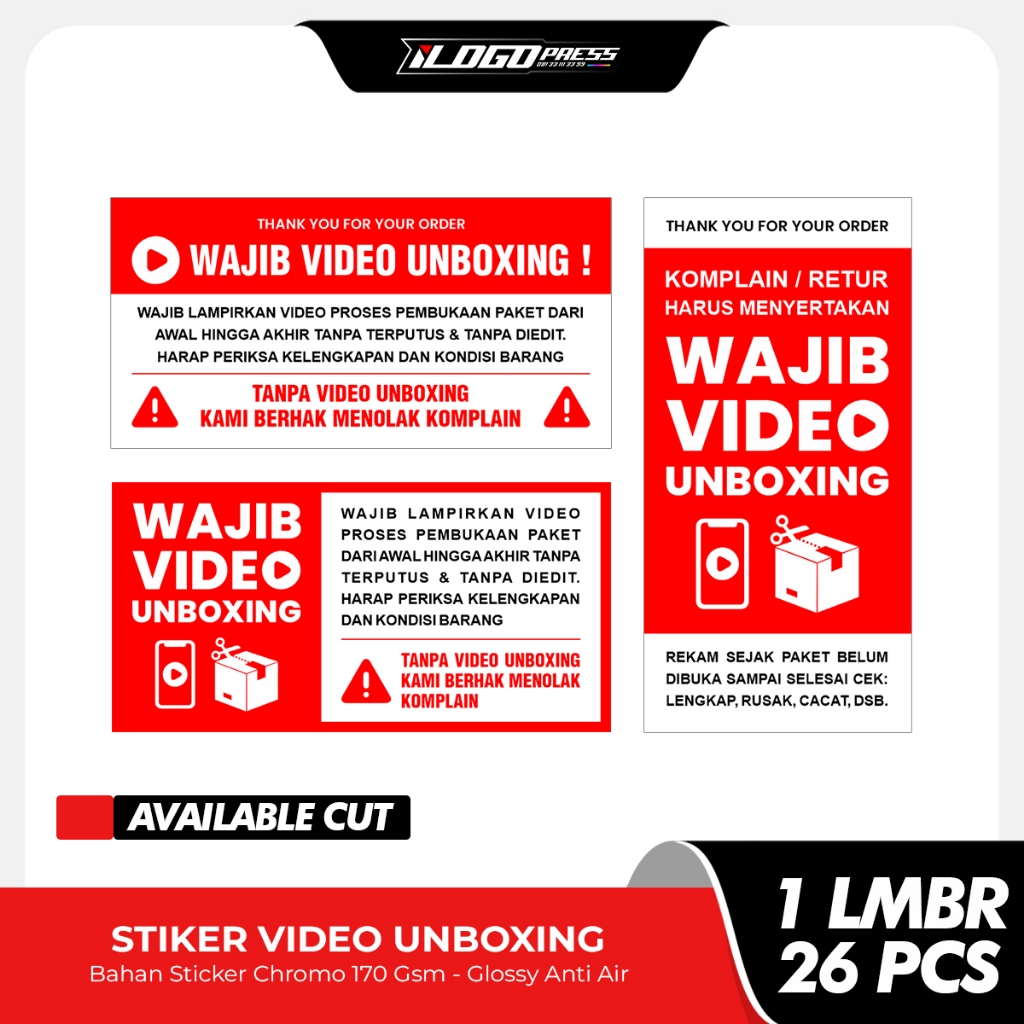 

STIKER CUTTING Video Unboxing Paket Packing 6x3cm isi 26 pcs - Stiker Label Bahan Chromo Anti Air