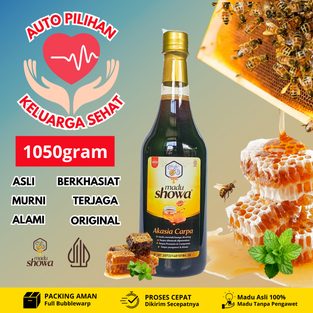 

Showa Honey - Madu Hitam Akasia Carpa 1 KG Bonus 50 Gram - Asli 100 % Halal & Dinkes - Botol Sirup