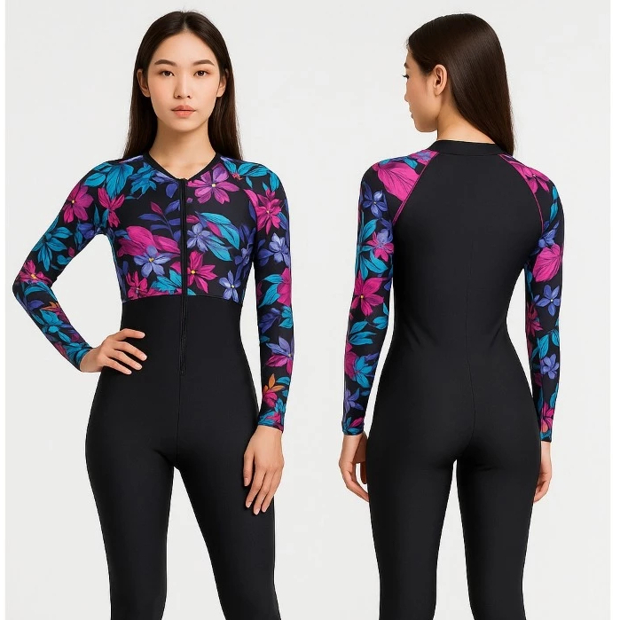 Baju Renang Wanita Dewasa Terusan Panjang Motif Lengan Panjang (Varian Biasa / Cup Bra + Rok)
