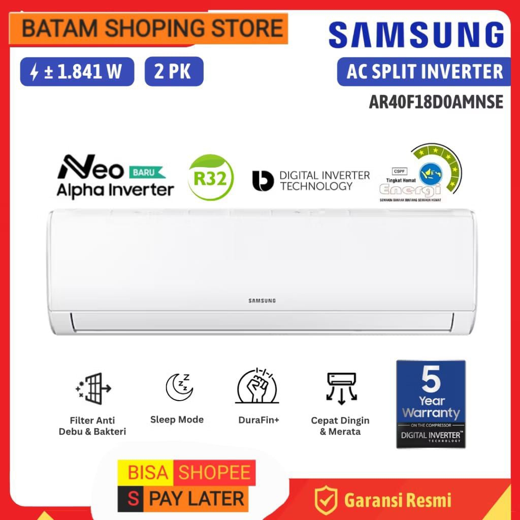AC SAMSUNG 2 PK NEO ALPHA INVERTER AR40F18D0AMNSE R32 GARANSI RESMI