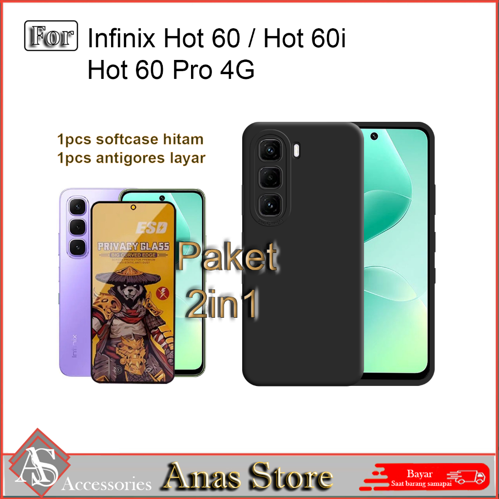 2IN1 Softcase Hitam INFINIX 60 HOT 60i HOT 50 Casing Tempered glass ESD Privacy