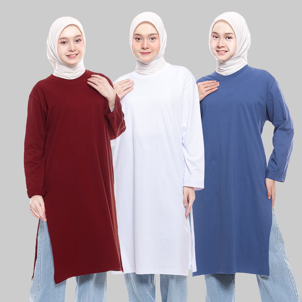 LOUVINNE Tunic T-shirt l Kaos Tunik Polos Selutut Lengan Panjang Wanita Cotton Combed 24s