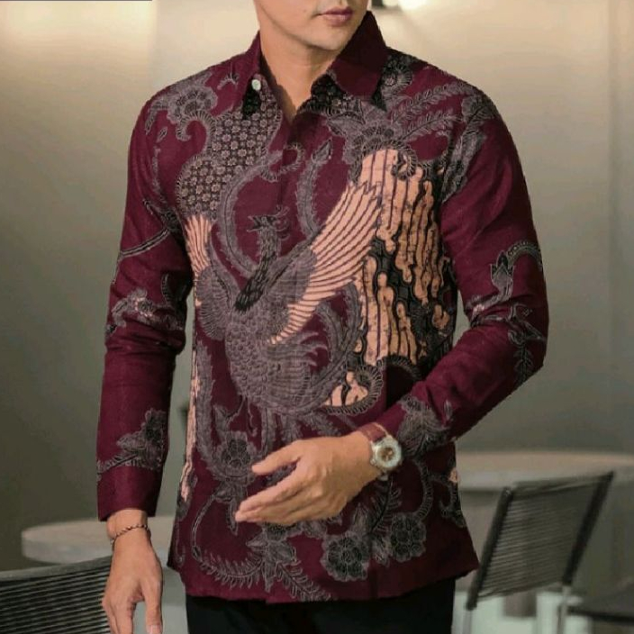 Batik Pria Lengan Panjang Motif Nareswara Ungu Burgundy M L XL XXL XXXL Katun Premium