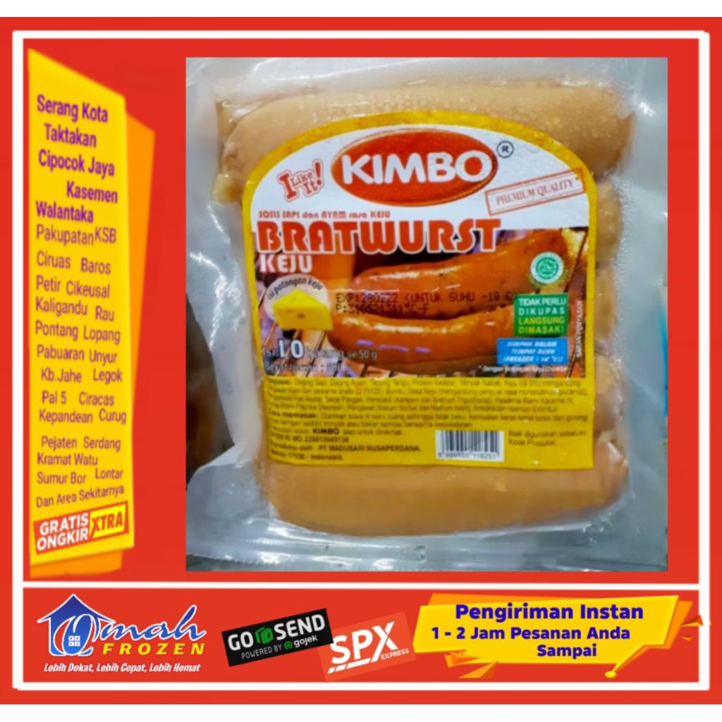 

Kimbo Bratwurst 500gr, isi 10 pcs, Sosis Keju, Frozen Serang