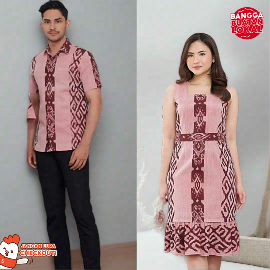 SET COUPLE TENUN PRIA WANITA BAJU PASANGAN KEMEJA BATIK LENGAN PENDEK & DRESS TENUN MODERN MOTIF ETN