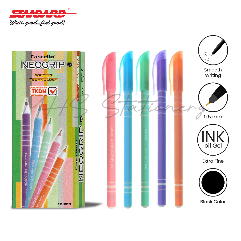 

STANDARD Castello Neogrip 0.5 mm Bolpoin Pulpen Ballpoint Semi Gel Pen Pena 1 Box 12 Pcs