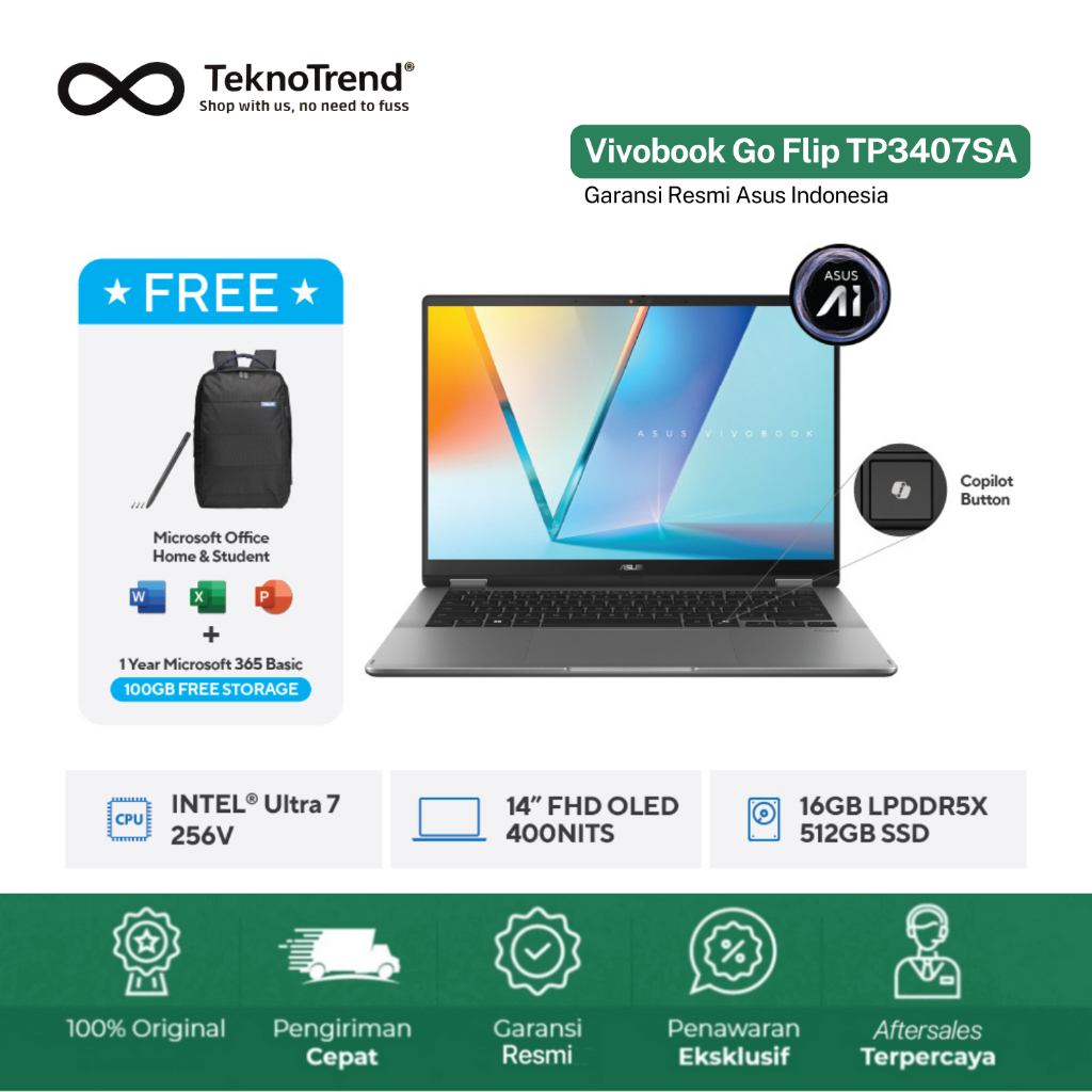 ASUS Vivobook 14 Flip TP3407SA 16GB/512GB 14" OLED Win11 Garansi Resmi