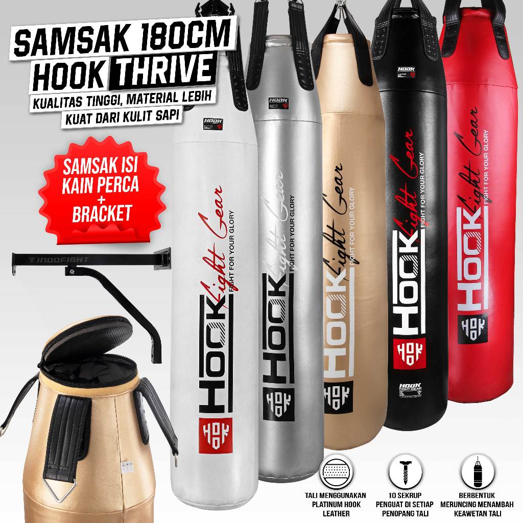 Samsak Gantung Isi Kain Perca Hook 180cm Sansak Tinju Muay Thai Isian Lengkap Punching Bag Boxing