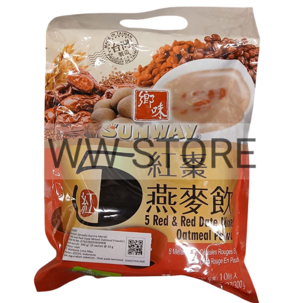 

Serbuk bubuk minuman serealia kurma merah halal Taiwan SUNWAY 5 Red & Red Date Mixed Oatmela Powder 300g ( 10 sachet x 30g )