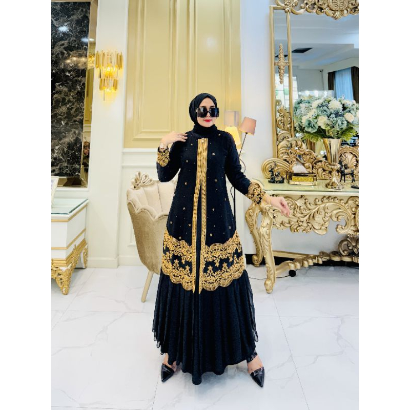 GAMIS ABAYA TURKEY BORDIR GOLD MEWAH SAHARA HITAM DAN WARNA