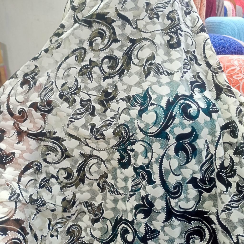 Kain Brokat Tile Melar Motif Bunga / Kain Brokat Stretch Motif Bunga Two Tone / Bahan Brokat Kebaya 